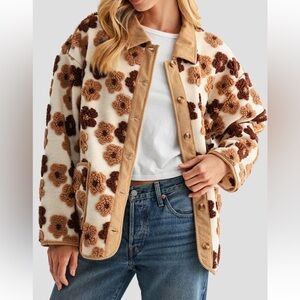 All in Favor Cream Floral High Pile Fleece Jacket with Brown Flower Accents